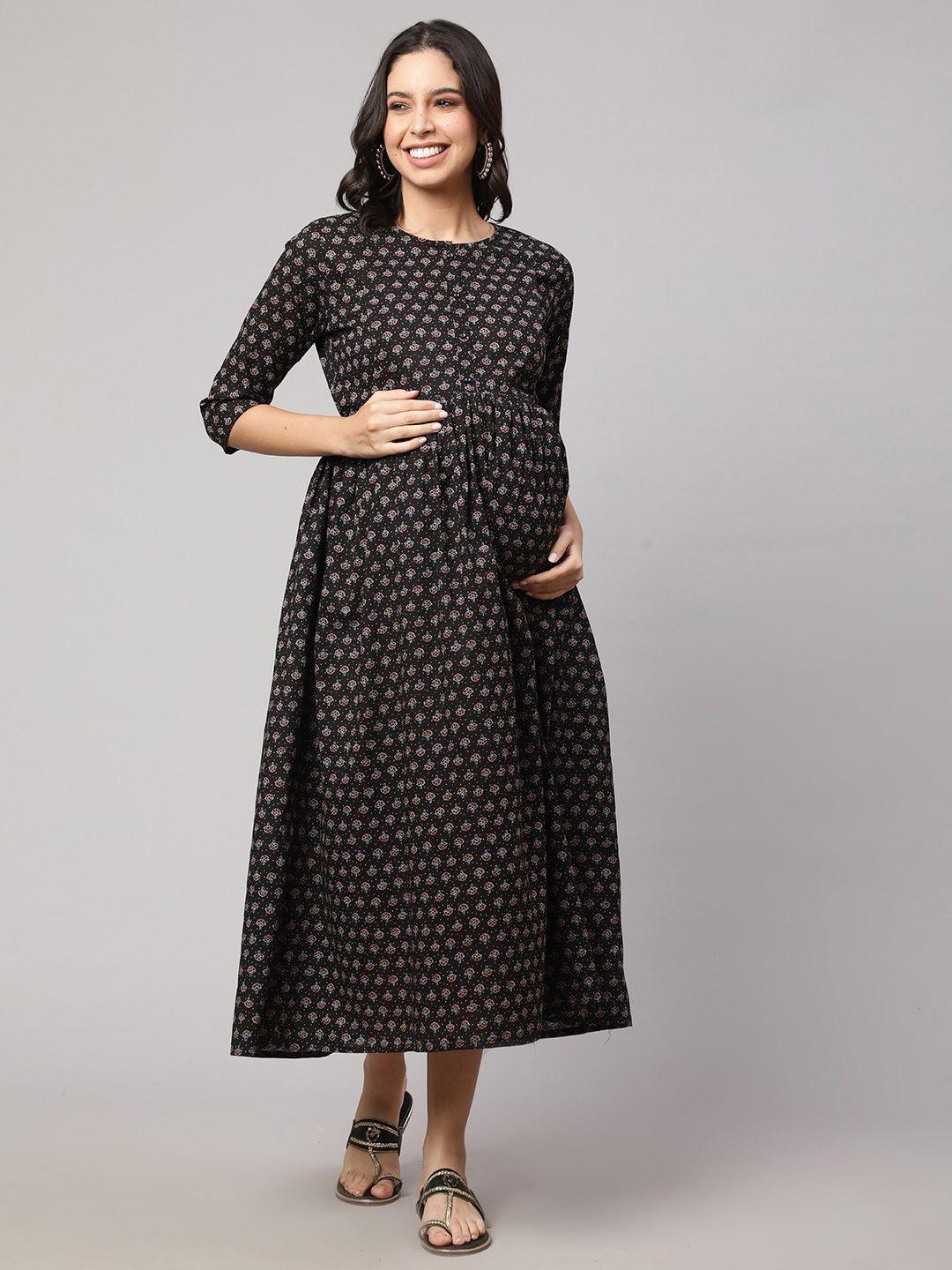 nayo ethnic motifs printed gathered maternity cotton fit & flare midi dress