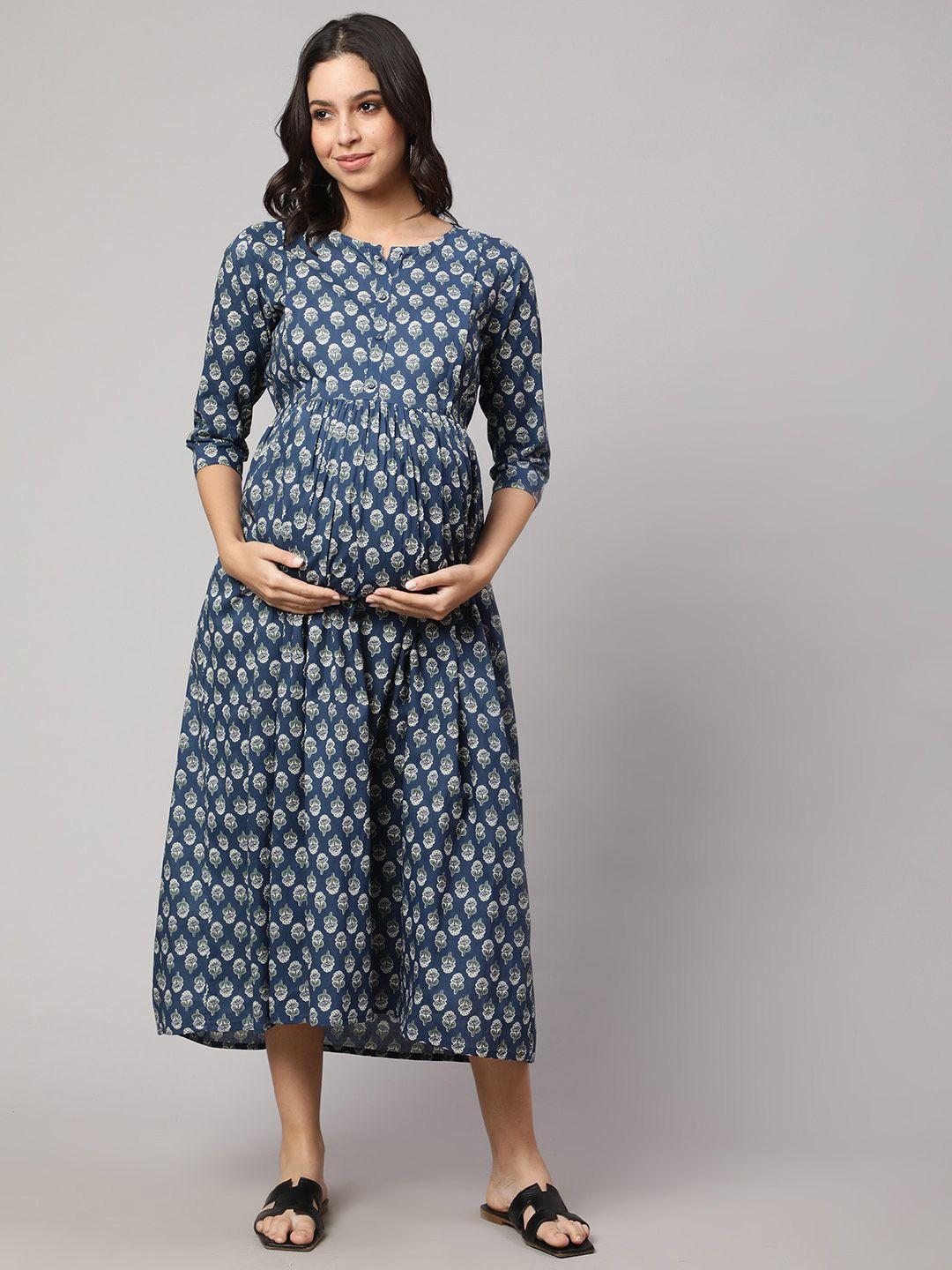 nayo ethnic motifs printed gathered maternity cotton fit & flare midi dress