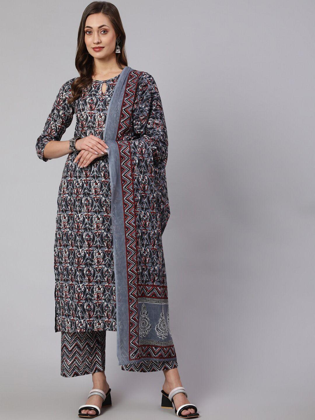 nayo ethnic motifs printed keyhole neck pure cotton kurta with palazzos & dupatta