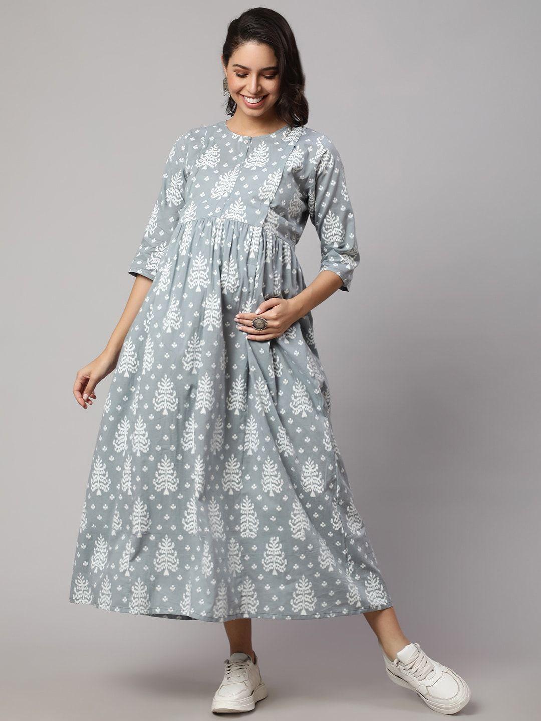 nayo ethnic motifs printed maternity fit & flare midi dress