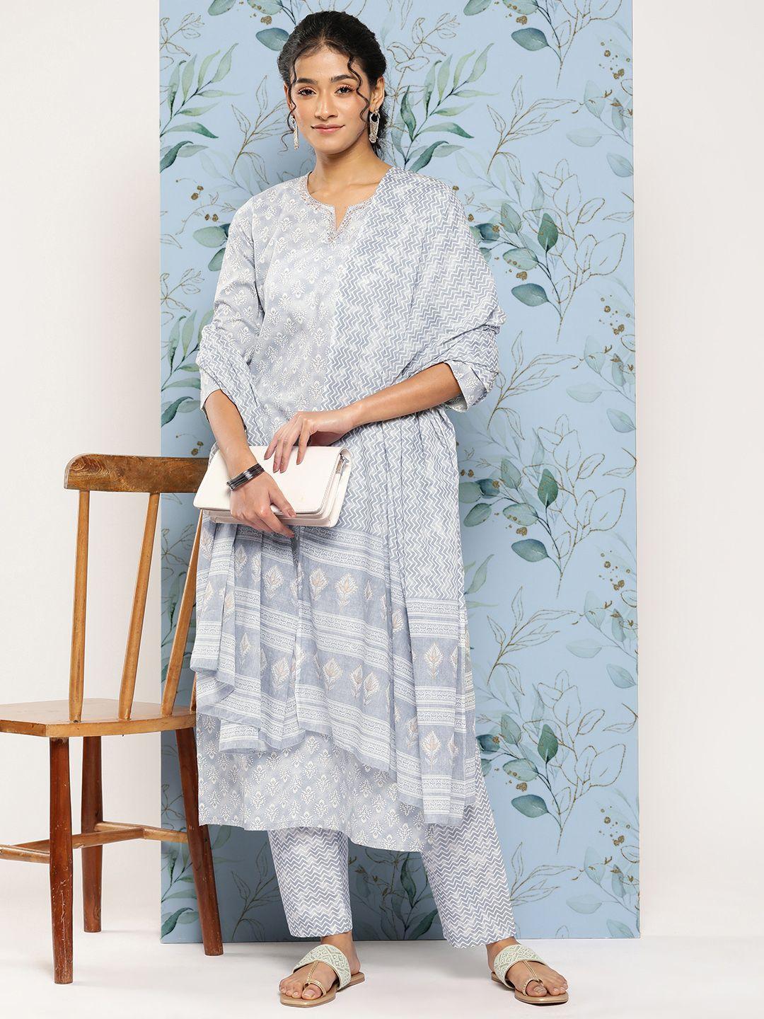 nayo ethnic motifs printed thread work pure cotton kurta with palazzos & dupatta