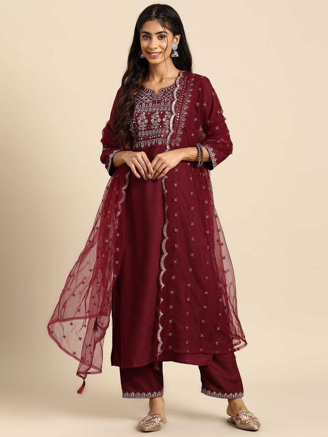 nayo ethnic motifs yoke design regular mirror work kurta with palazzos & with dupatta