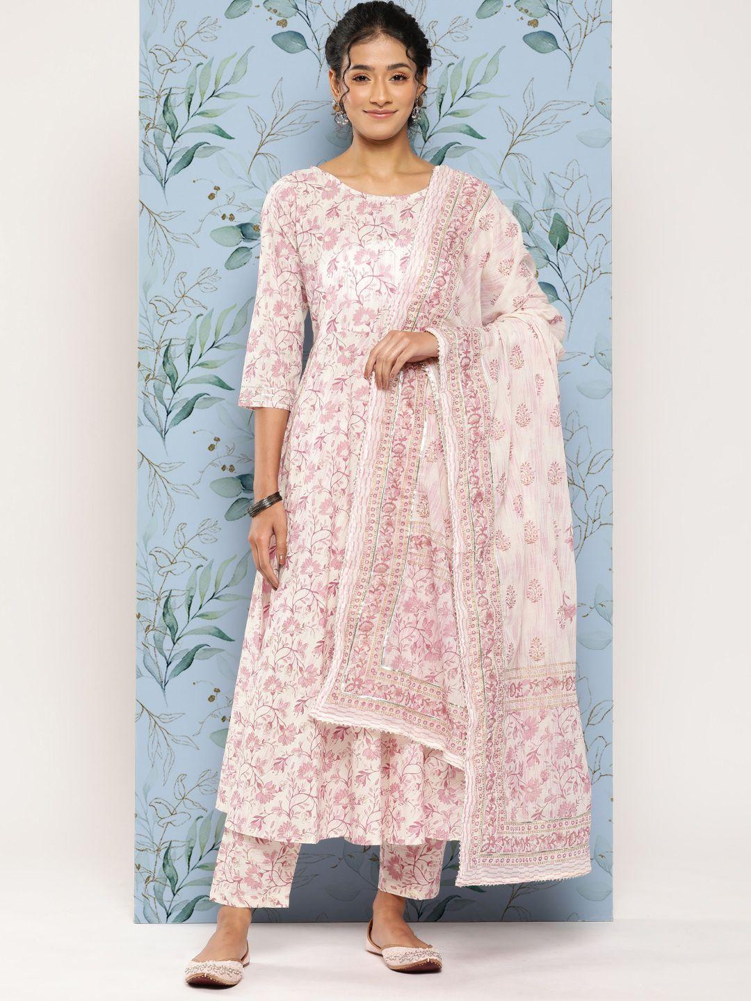 nayo floral printed anarkali pure cotton kurta with trousers & dupatta