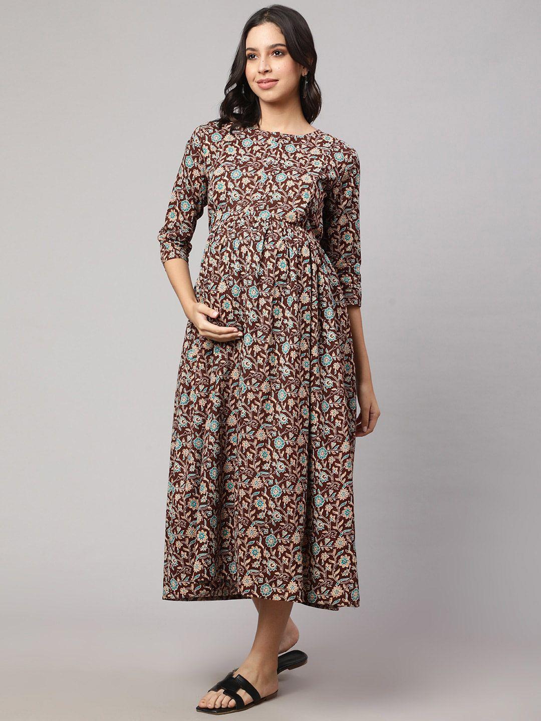 nayo floral printed gathered maternity cotton fit & flare midi dress
