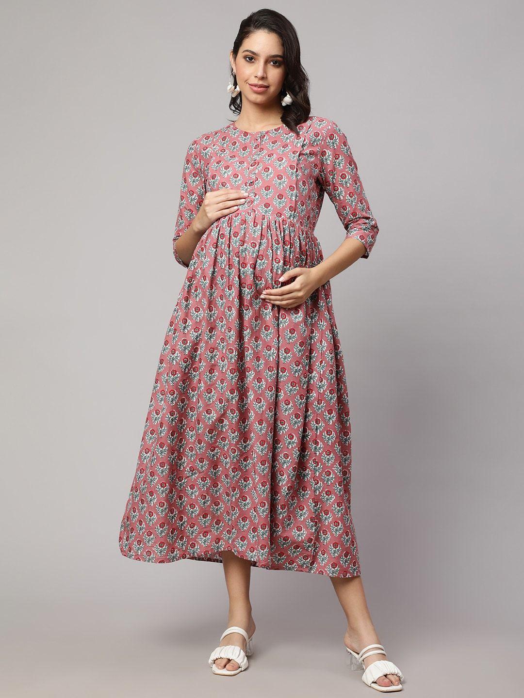 nayo floral printed maternity fit & flare midi dress