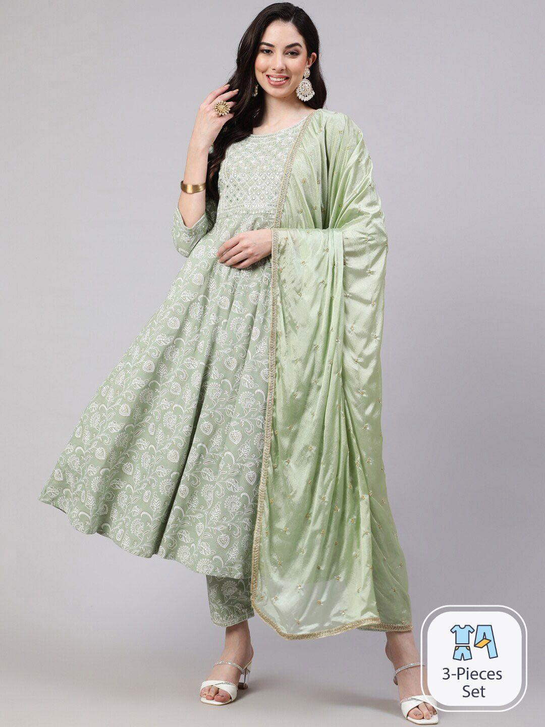 nayo floral printed regular thread work pure cotton anarkali kurta & trousers with dupatta