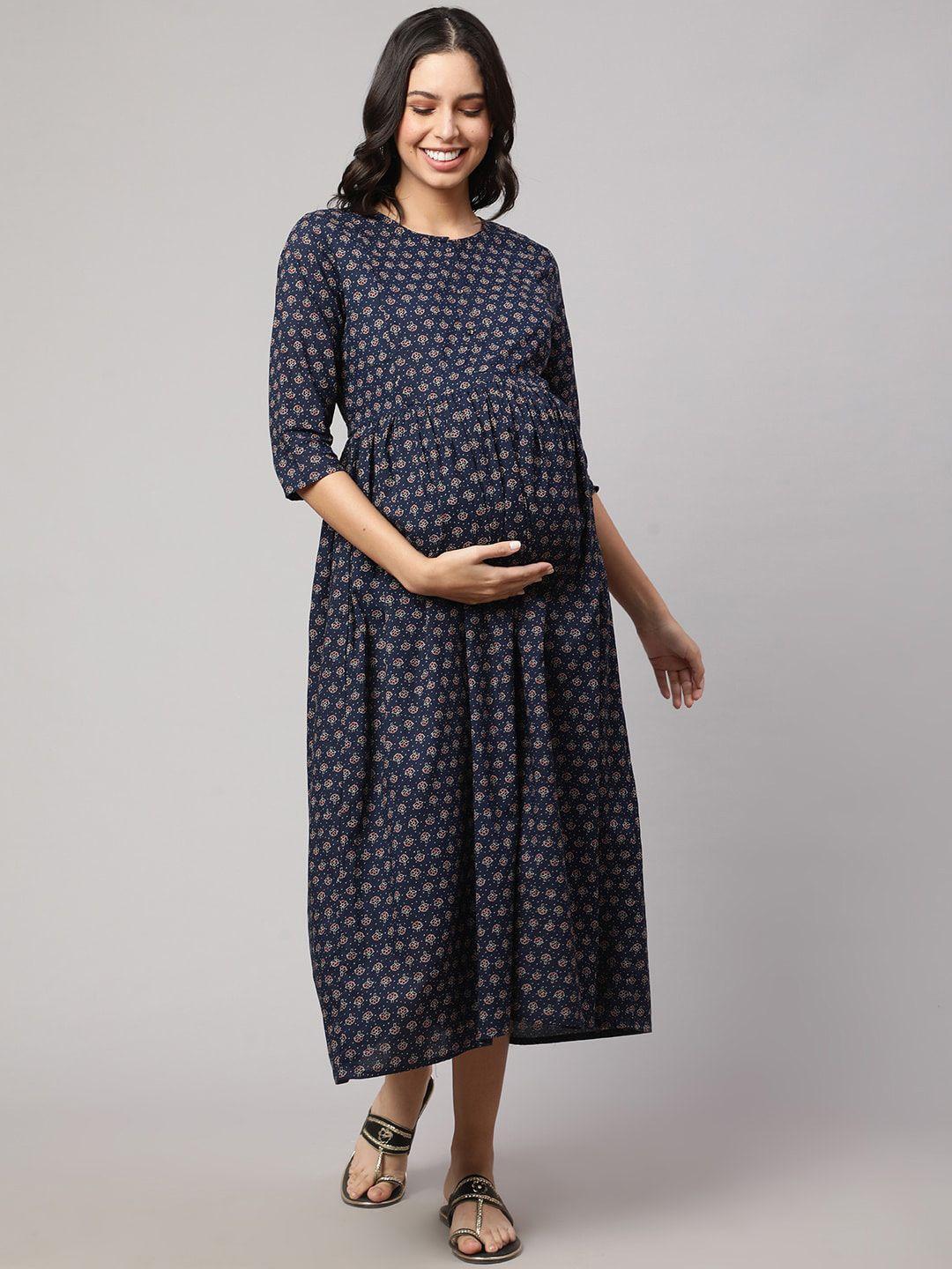 nayo floral printed round neck cotton a-line maternity midi dress
