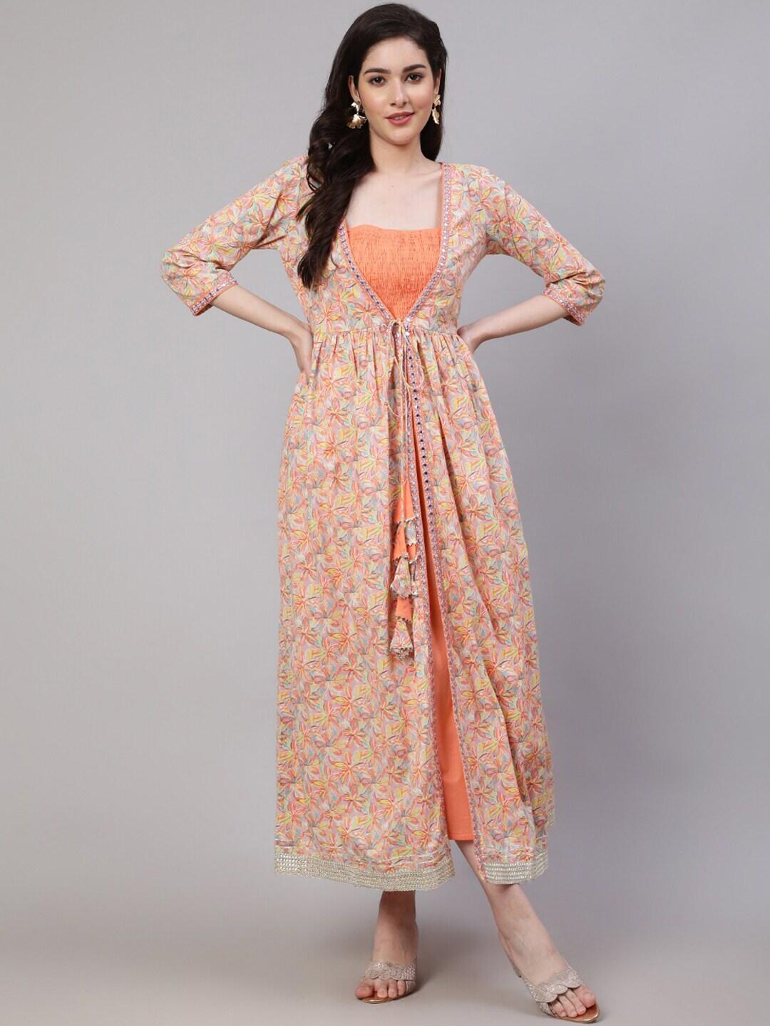 nayo floral printed smocked cotton maxi dress with jacket