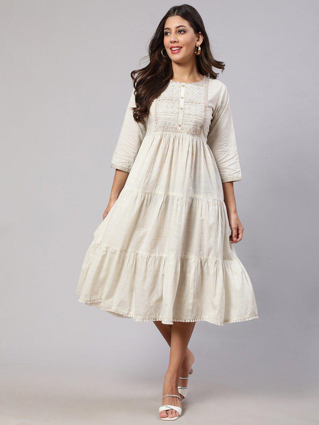 nayo geometric printed embroidered gathered a-line cotton midi dress
