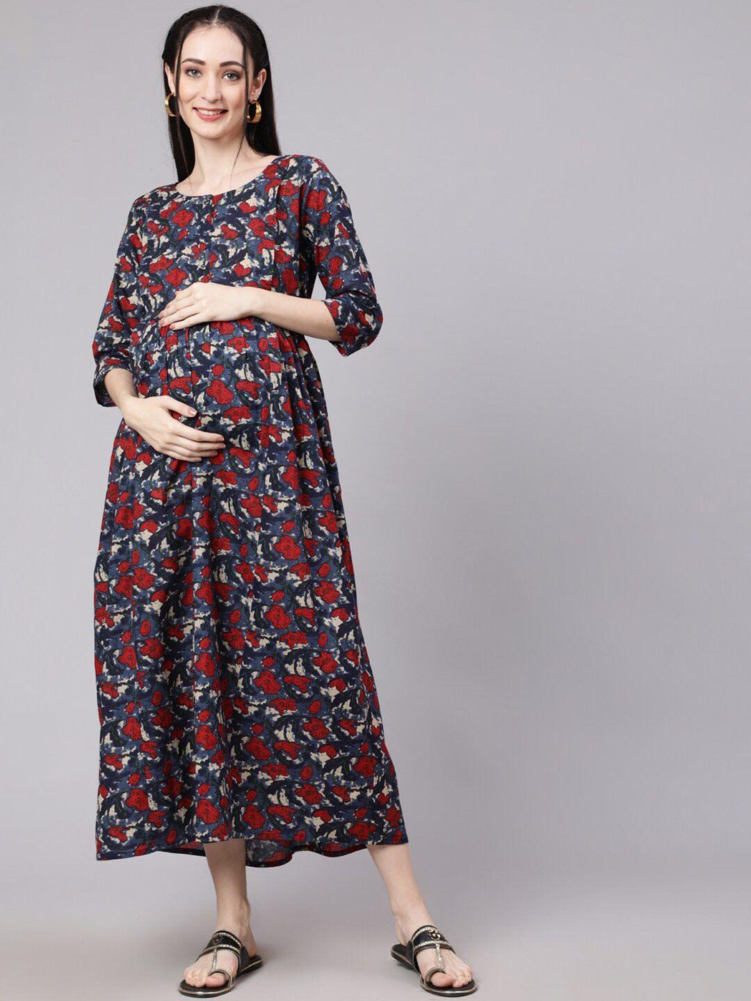 nayo grey & red floral maternity a-line cotton midi dress