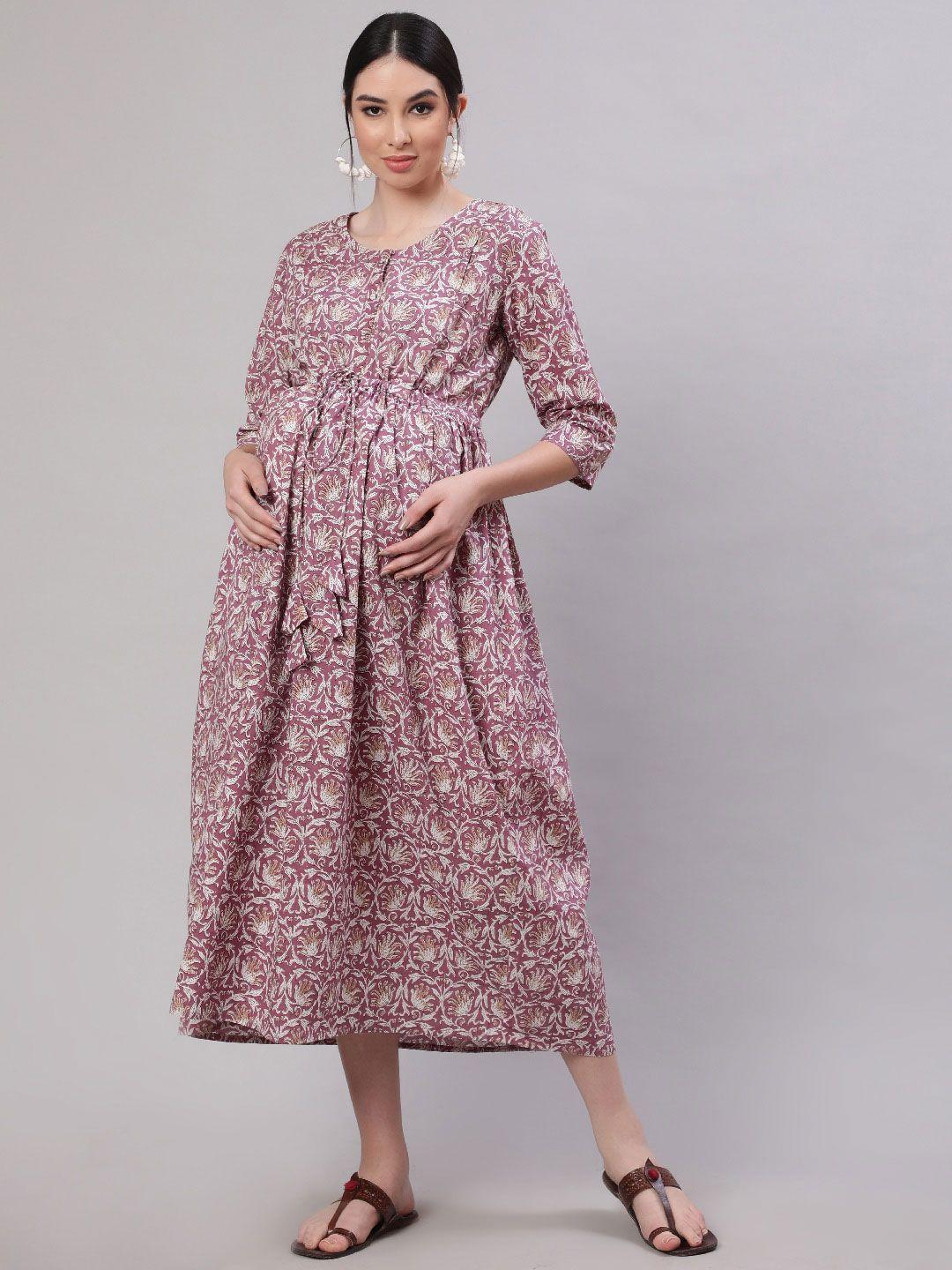 nayo lavender floral print maternity fit & flare midi dress