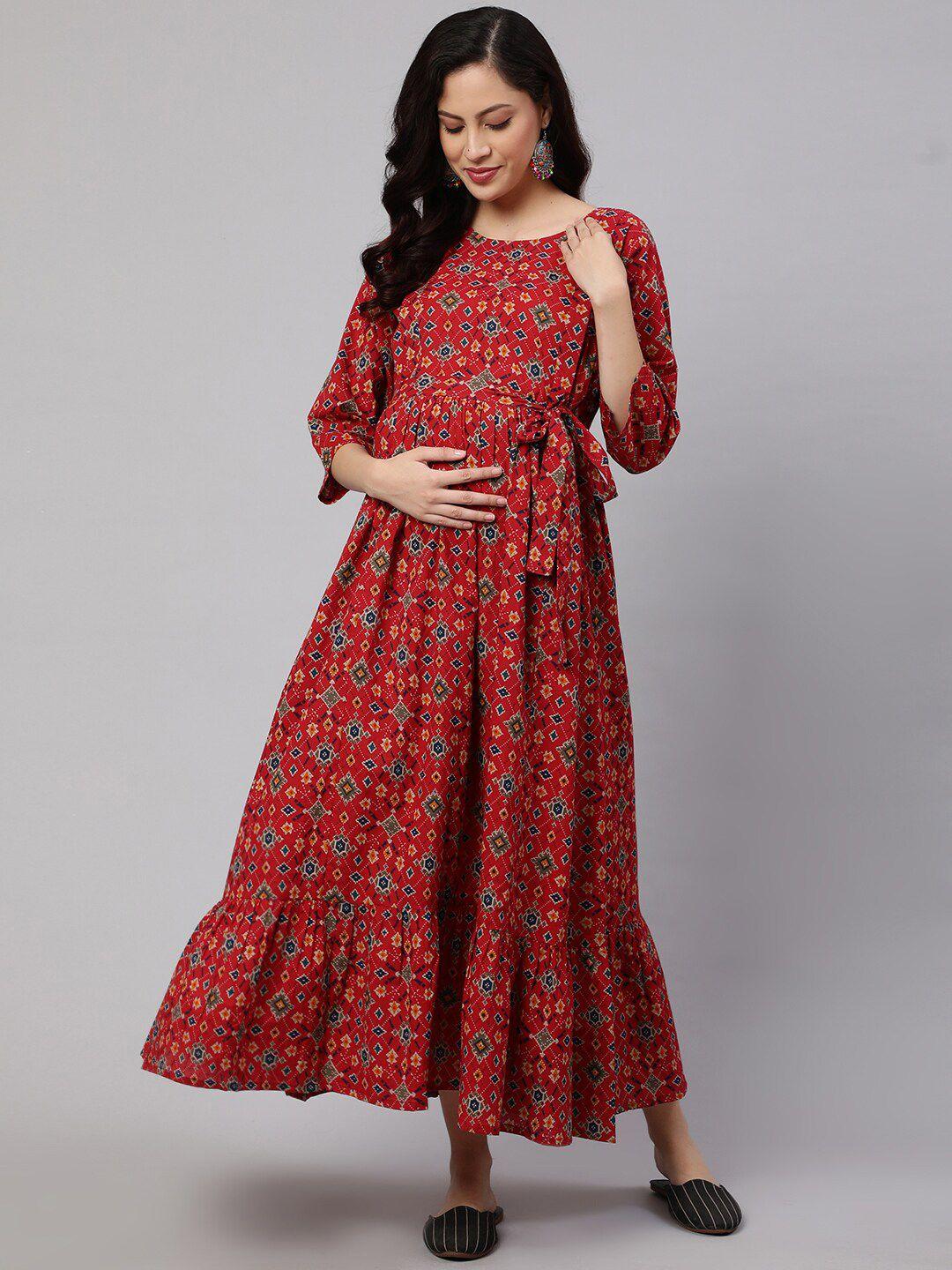 nayo maroon geometric printed cotton maternity feeding fit & flare dress