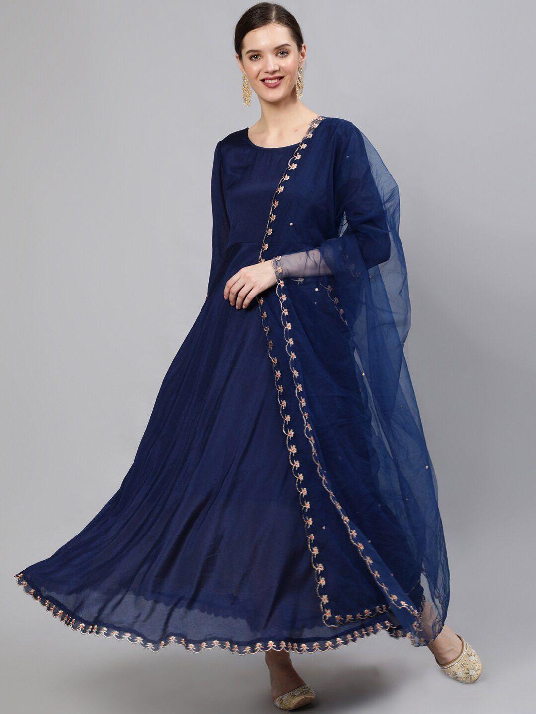 nayo navy blue chiffon ethnic a-line dress with dupatta