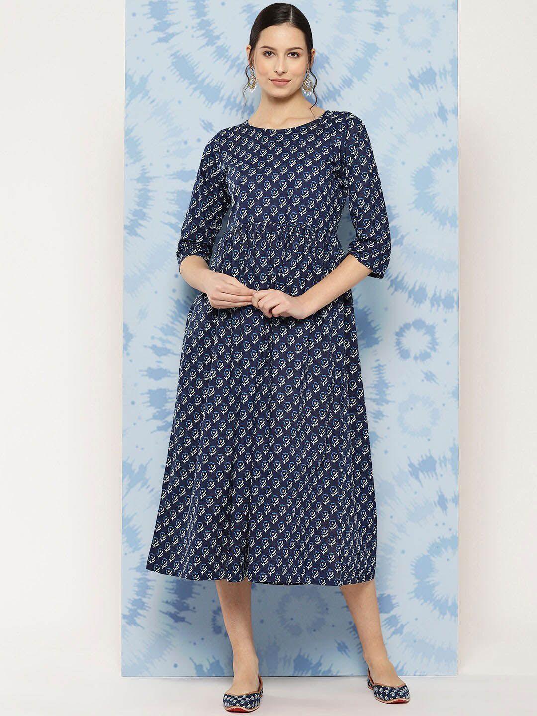 nayo navy blue ethnic motifs print a-line midi dress