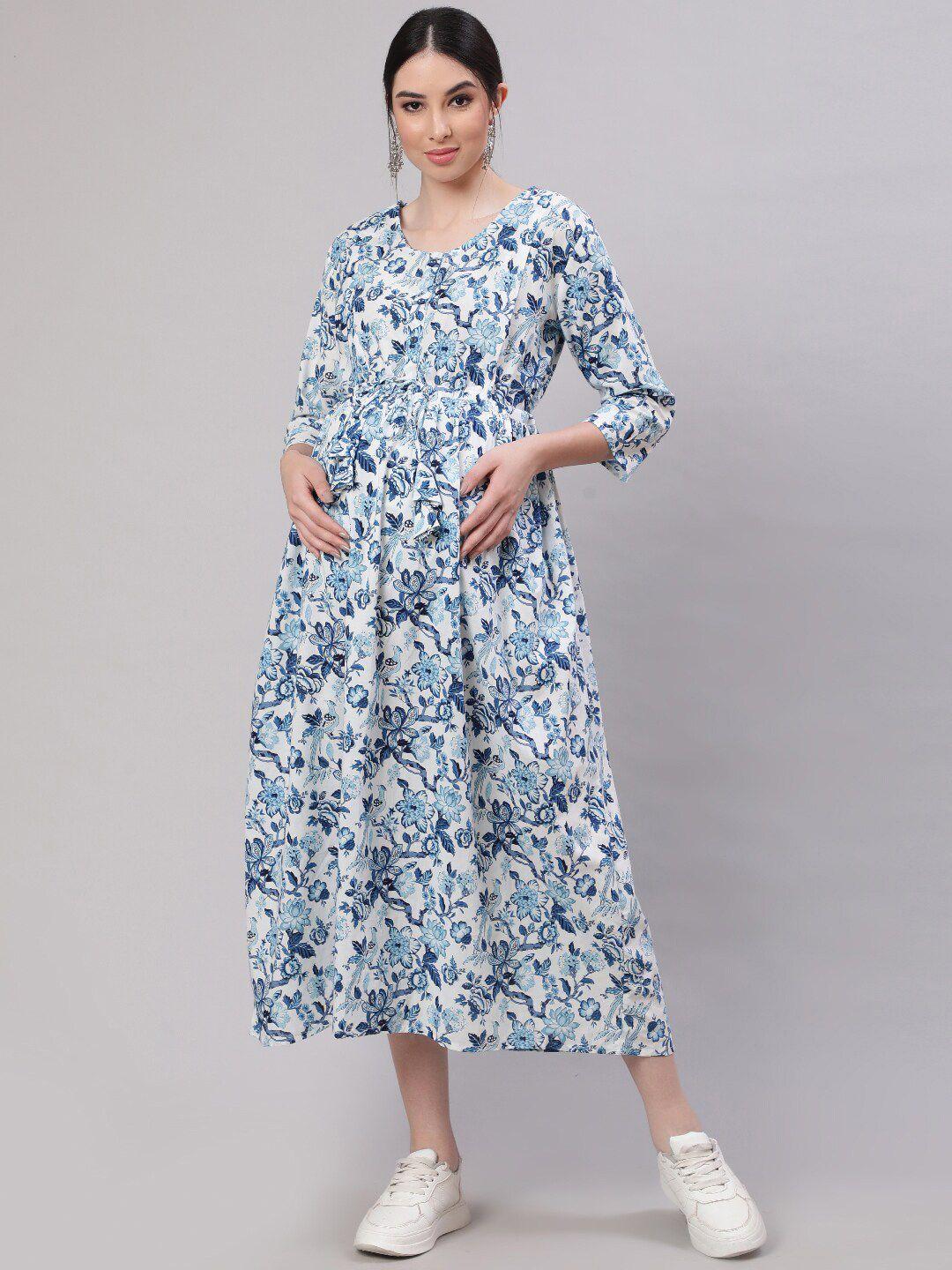 nayo off white floral print maternity fit & flare midi dress