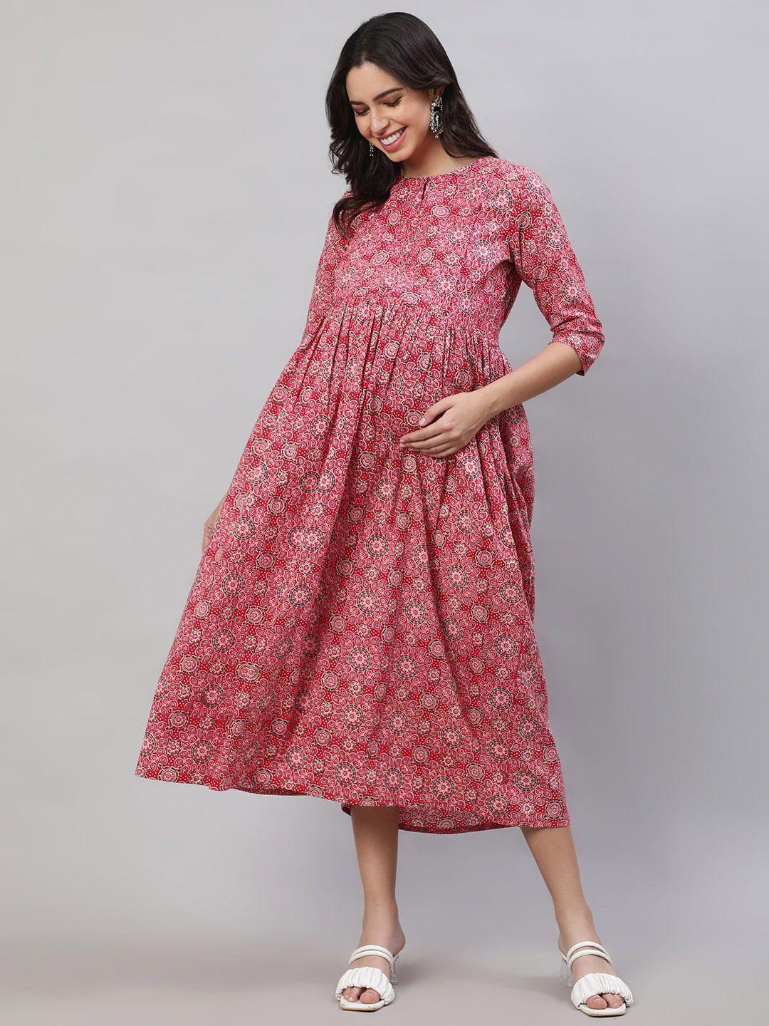 nayo pink ethnic motifs printed gathered cotton maternity fit & flare midi ethnic dress