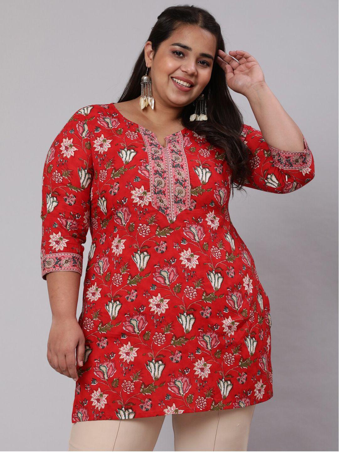 nayo plus size women red & pink printed cotton tunic