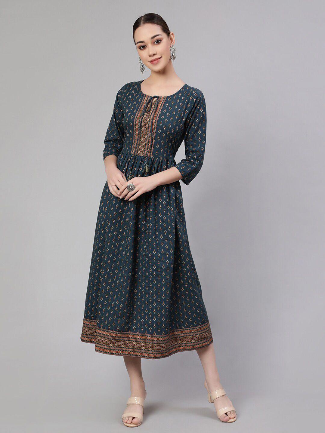 nayo teal green ethnic motifs printed tie-up neck cotton a-line midi dress