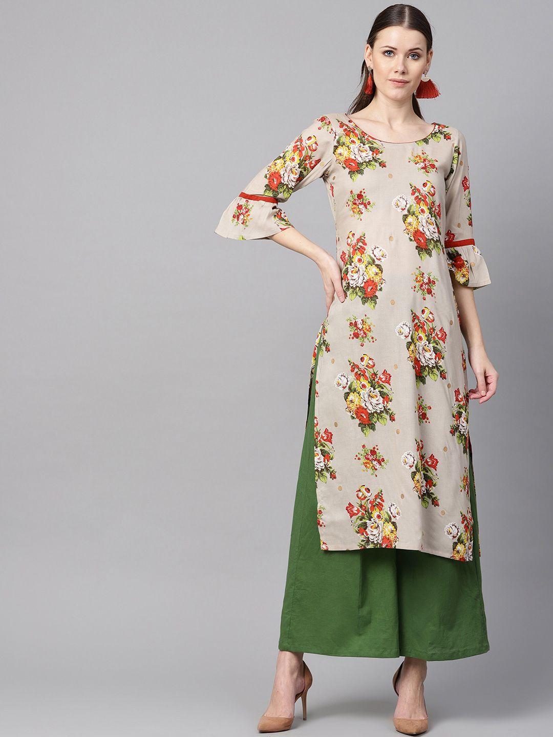 nayo women beige & green printed kurta with palazzos