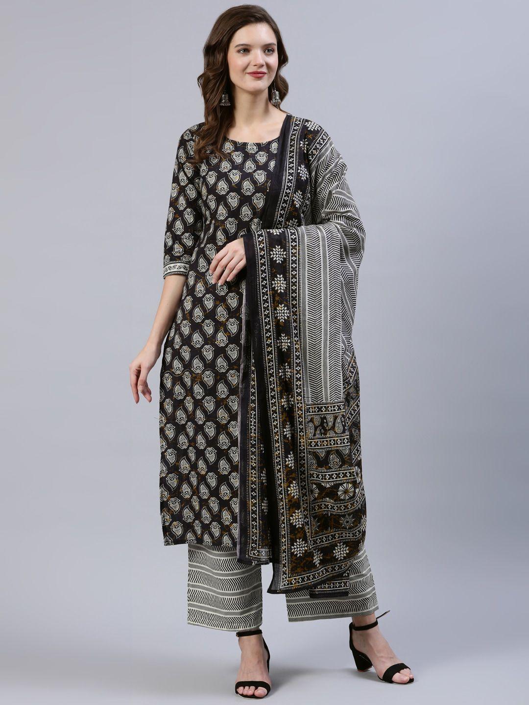 nayo women black & grey screen print straight pure cotton kurta set & dupatta