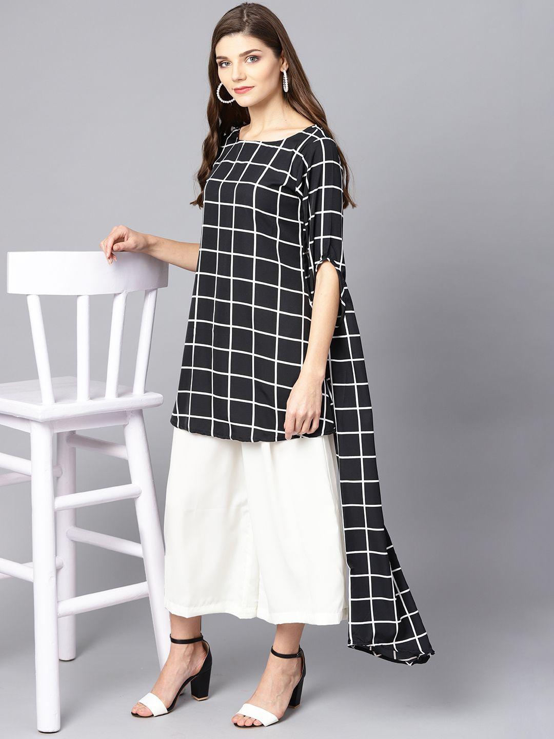 nayo women black & off-white checked kurti with palazzos