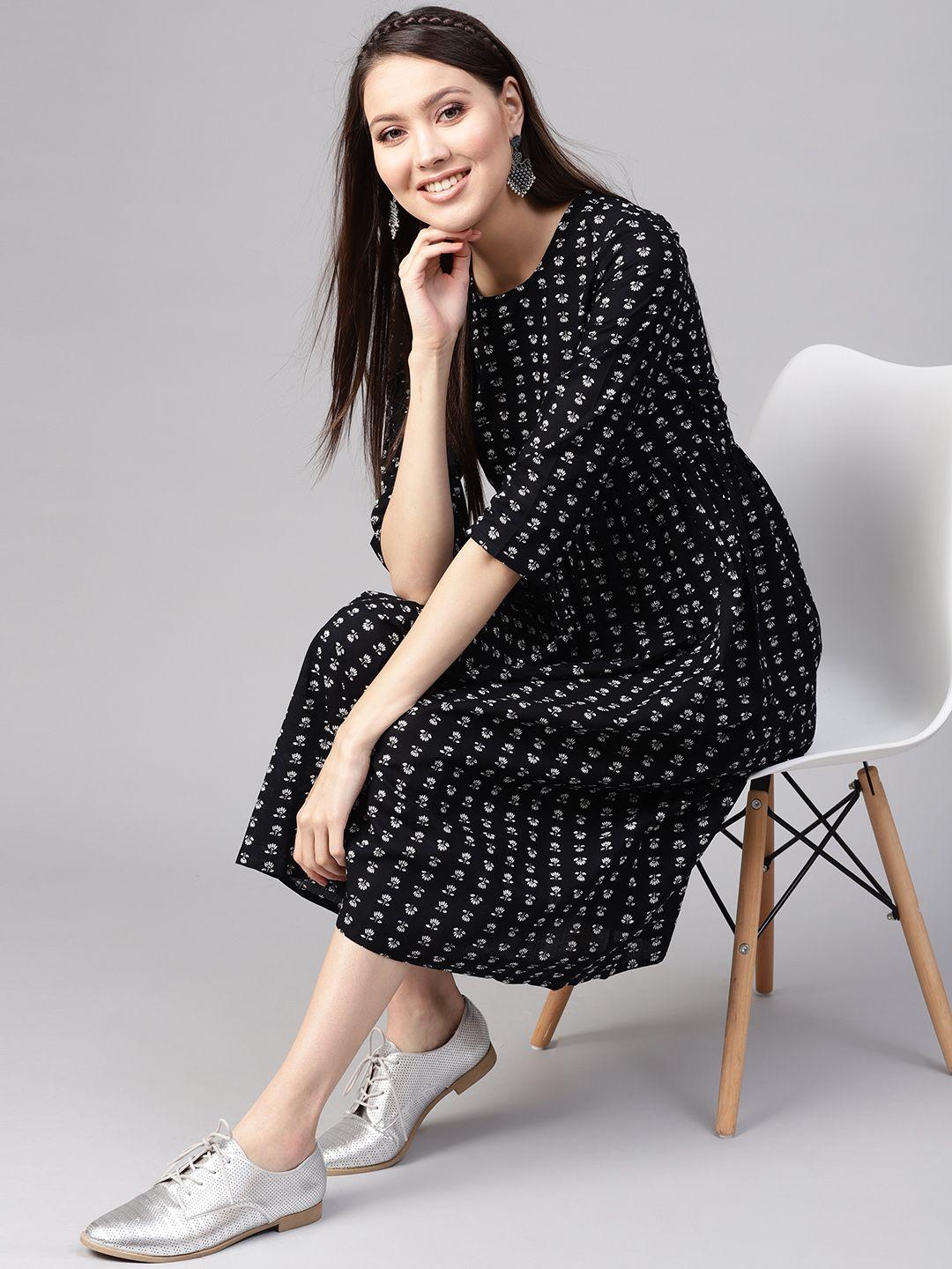 nayo women black & off-white printed a-line dress