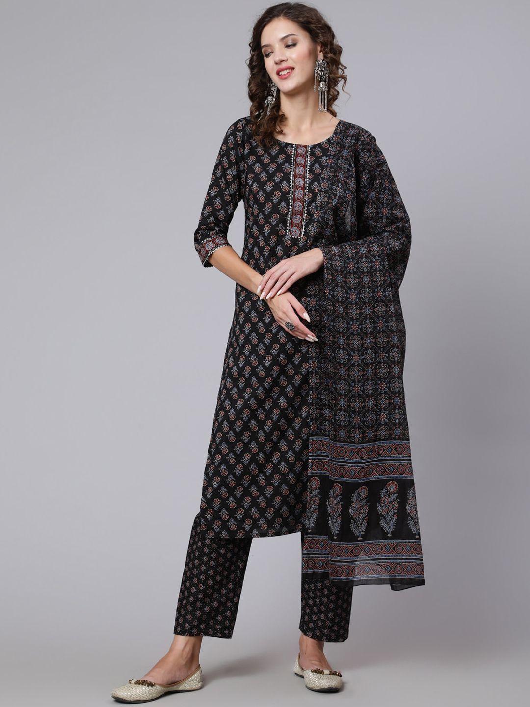 nayo women black ethnic motifs printed pure cotton kurta set with dupatta