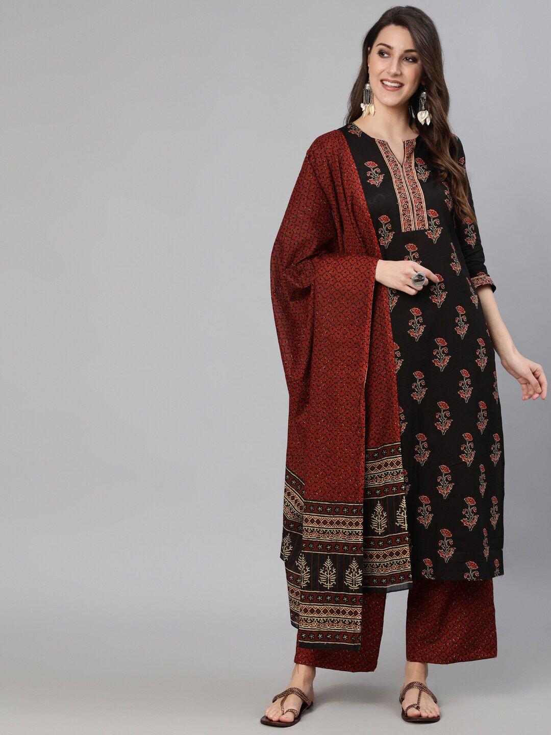 nayo women black ethnic motifs printed pure cotton kurta with palazzos & with dupatta