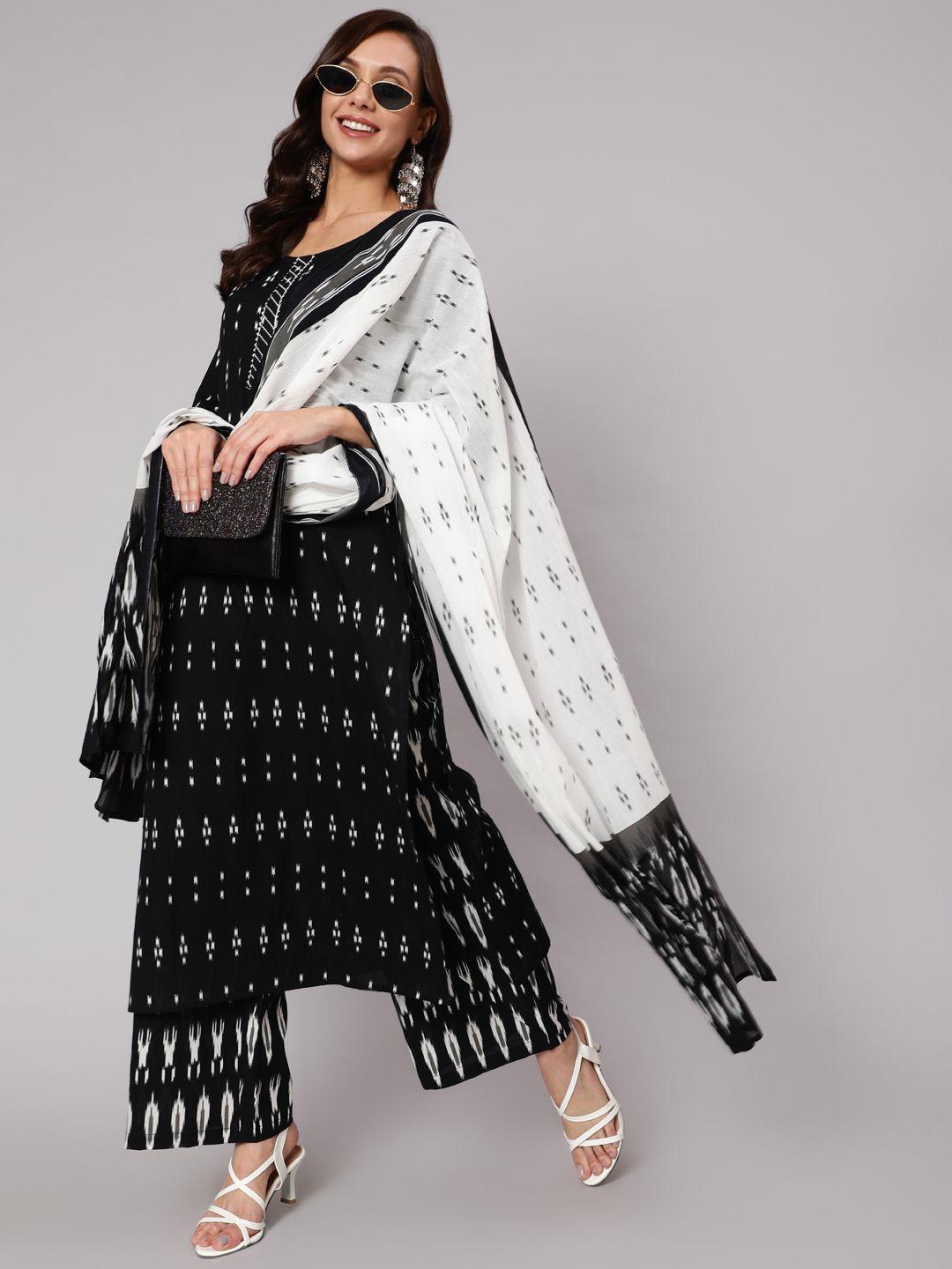nayo women black ikat printed pure cotton kurta with trousers & with dupatta