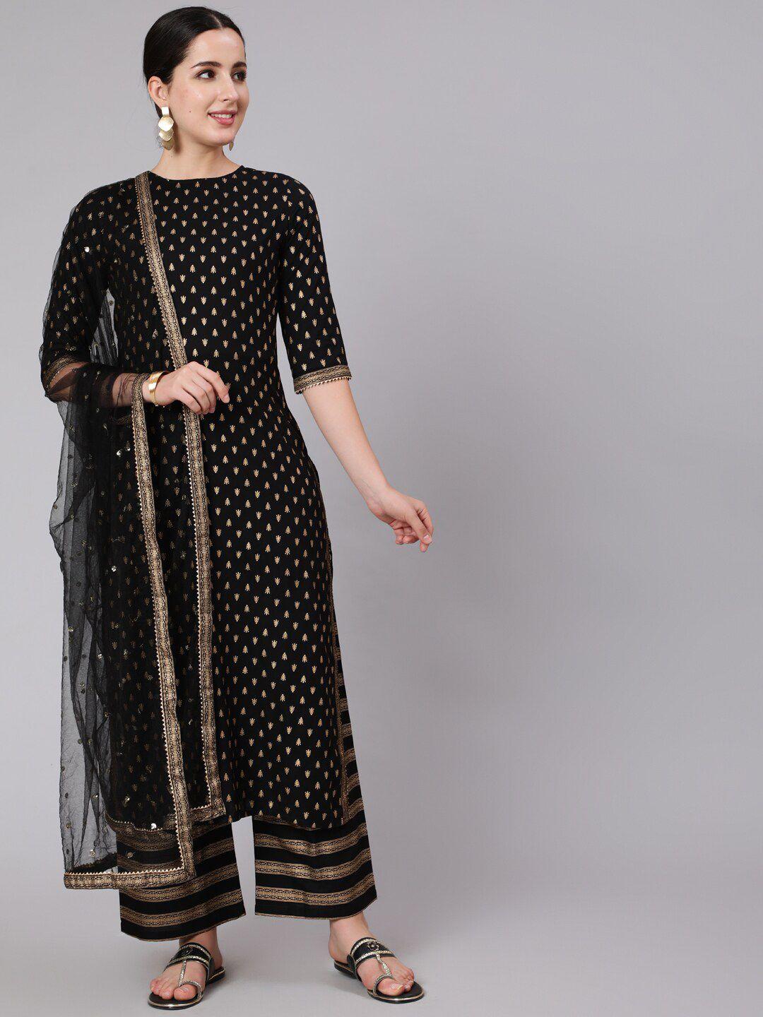 nayo women black printed kurta with palazzos & with dupatta