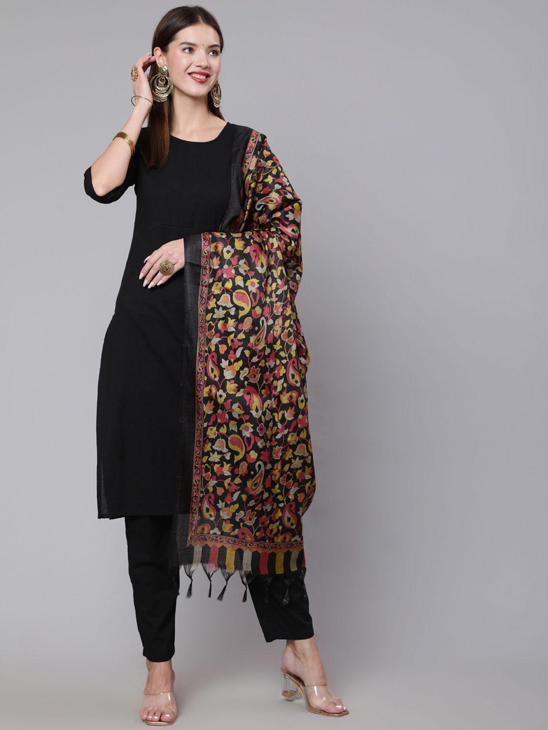 nayo women black pure cotton kurta with palazzos & with dupatta