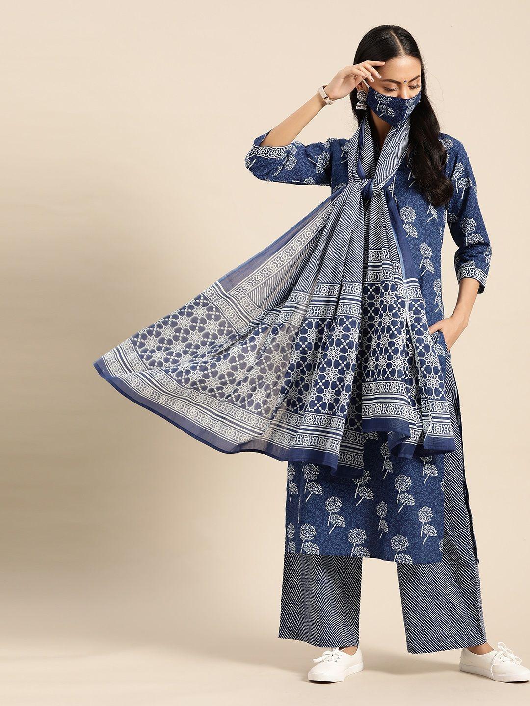 nayo women blue  white pure cotton ethnic motif print kurta set