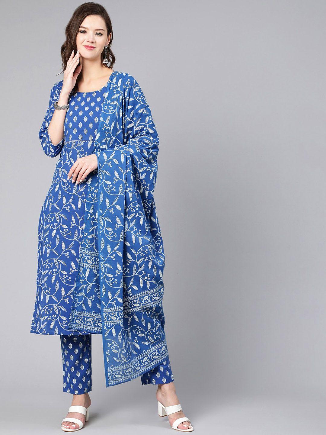 nayo women blue ethnic motifs printed pleated gotta patti pure cotton kurti with trousers & with dupatta