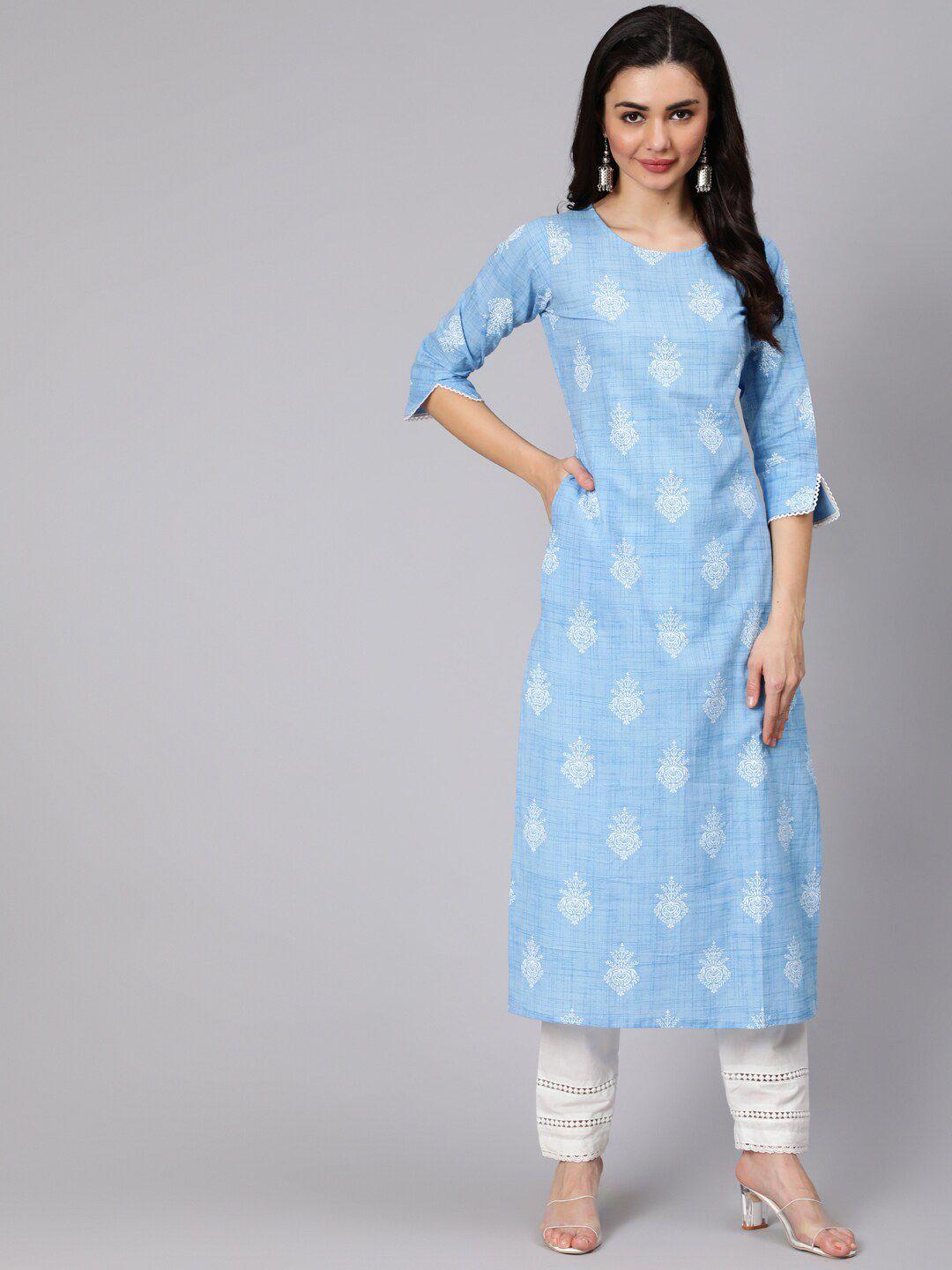 nayo women blue ethnic motifs printed pure cotton kurta with trousers