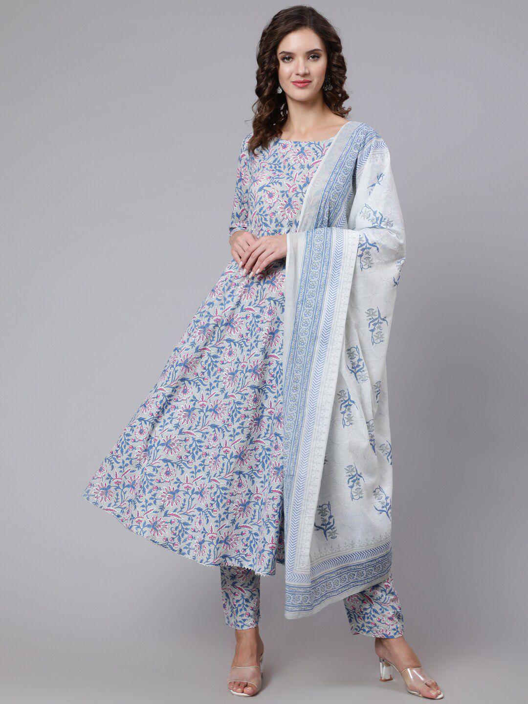 nayo women blue floral printed empire pure cotton kurta set
