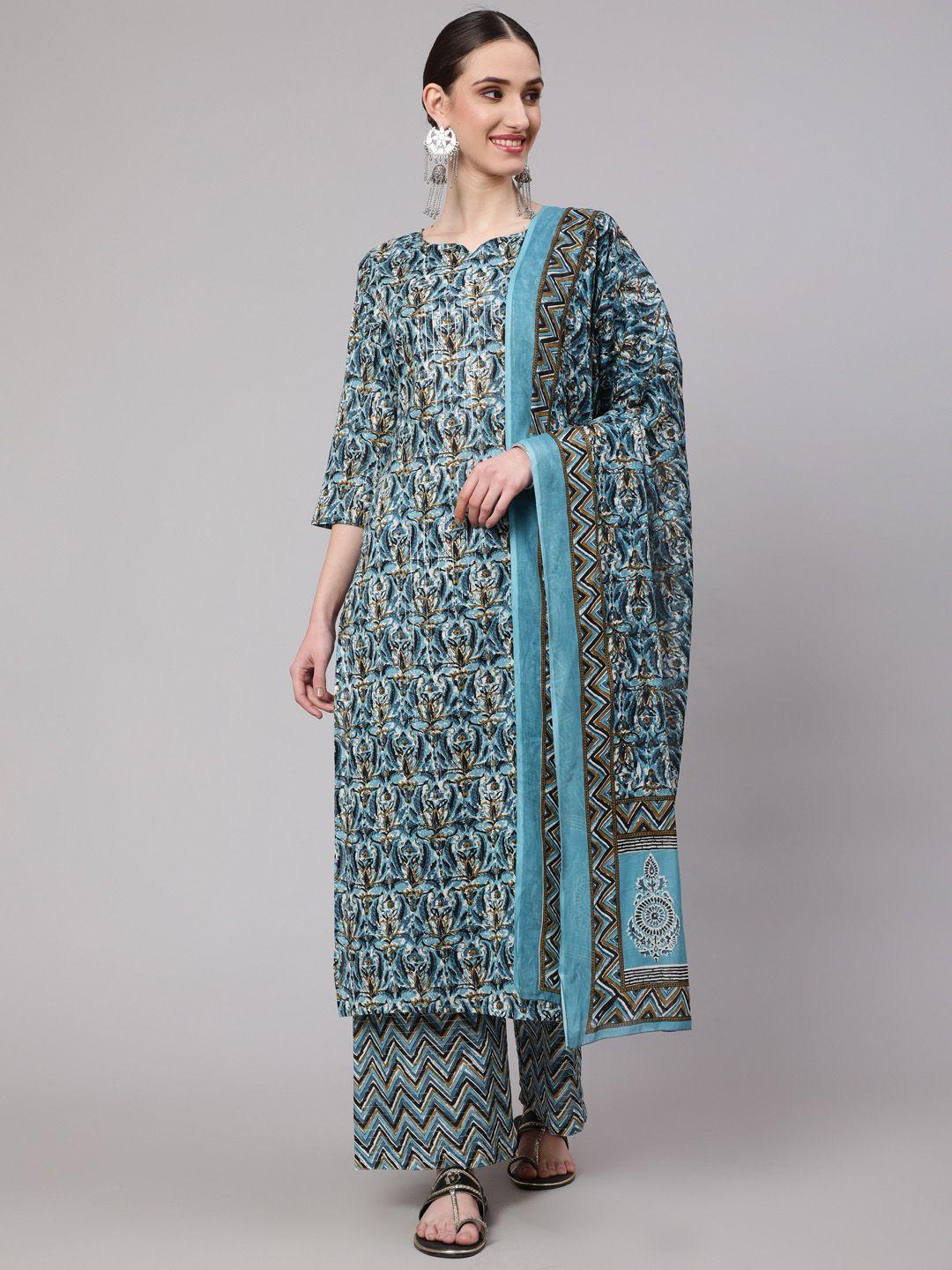 nayo women blue floral printed pure cotton kurta with palazzos & with dupatta
