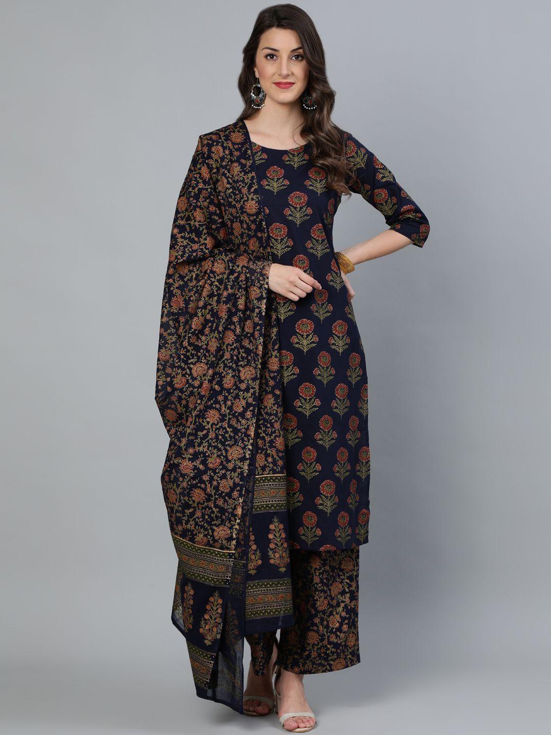 nayo women blue floral pure cotton kurta with trousers & with dupatta