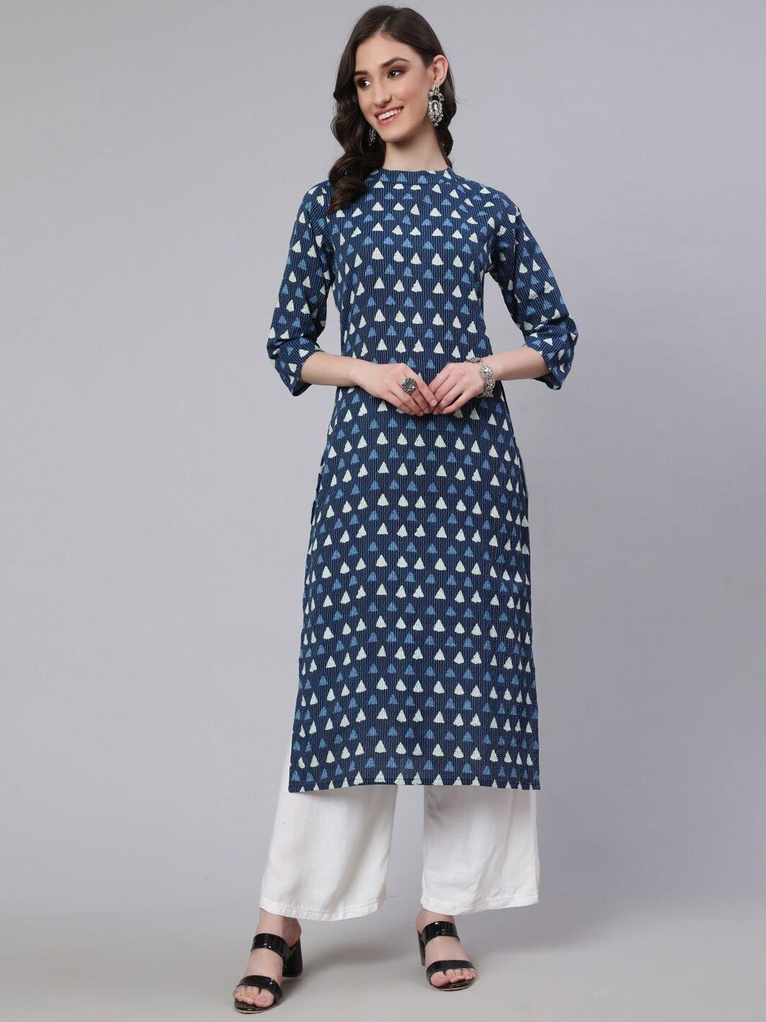 nayo women blue geometric printed cold-shoulder sleeves mirror work kurta