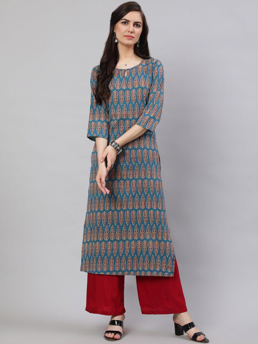 nayo women blue printed keyhole neck flared sleeves thread work kurta