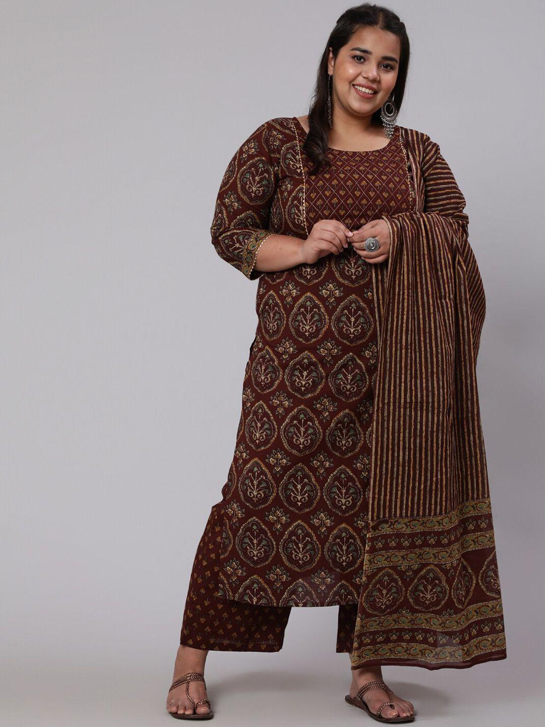 nayo women brown ethnic motifs plus size printed gotta patti pure cotton kurta set