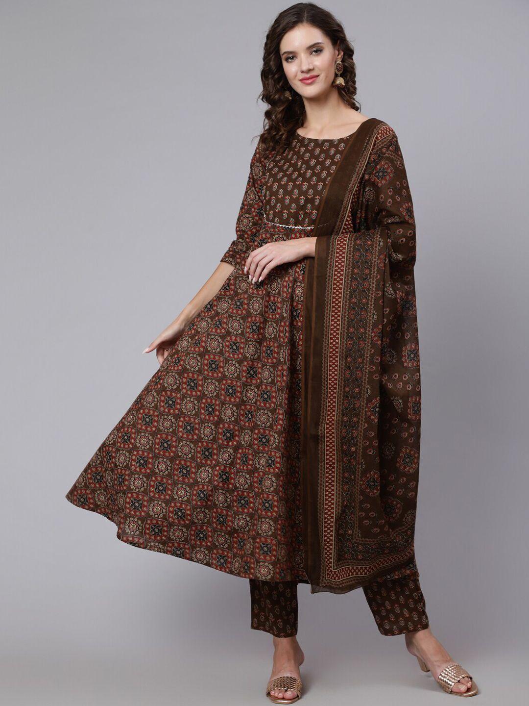 nayo women brown ethnic motifs yoke design pure cotton kurta with trousers & with dupatta
