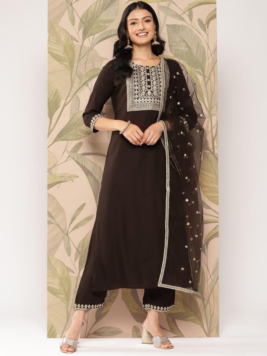 nayo women brown floral embroidered regular thread work kurta with palazzos & with dupatta