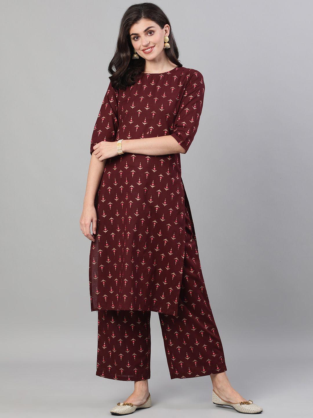 nayo women burgundy printed kurta with palazzos