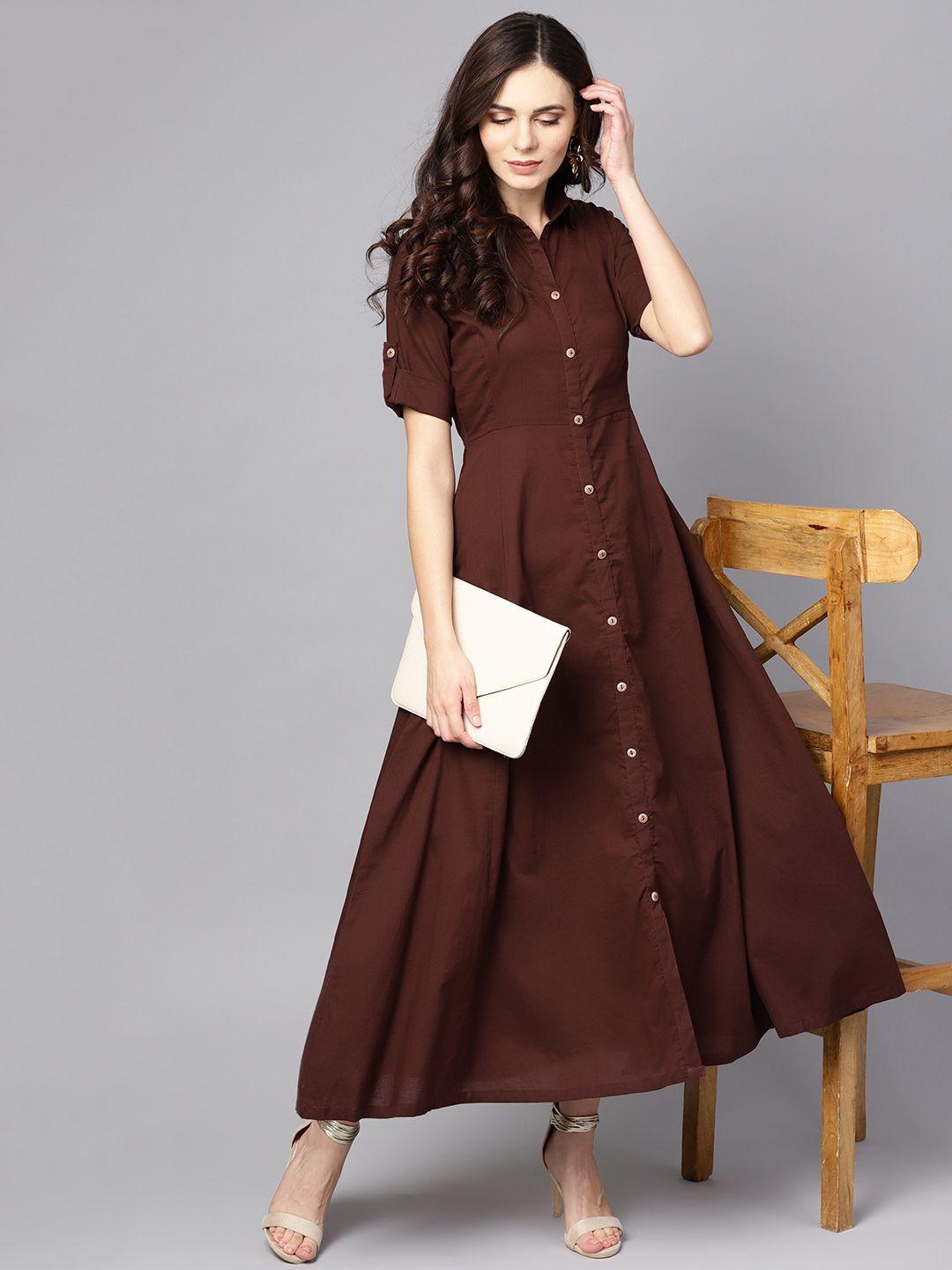 nayo women coffee brown solid shirt maxi dress
