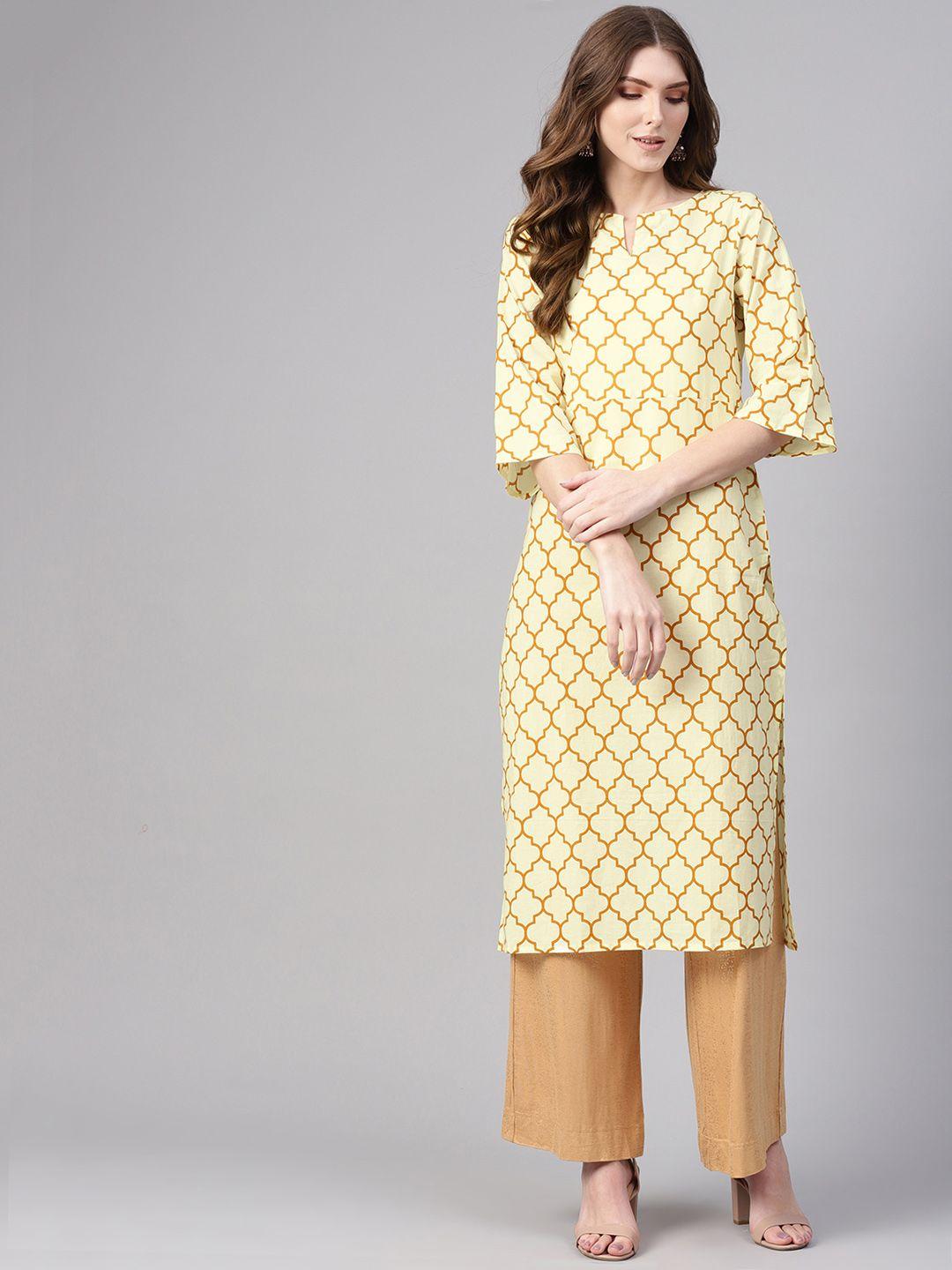 nayo women cream-coloured & mustard brown printed straight kurta