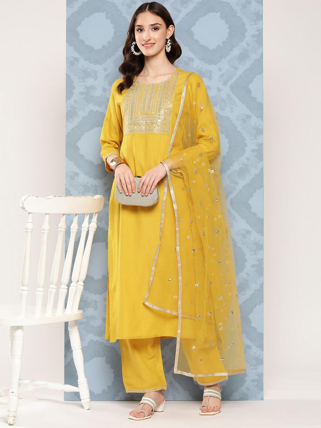 nayo women embroidered regular sequinned kurta with palazzos & with dupatta