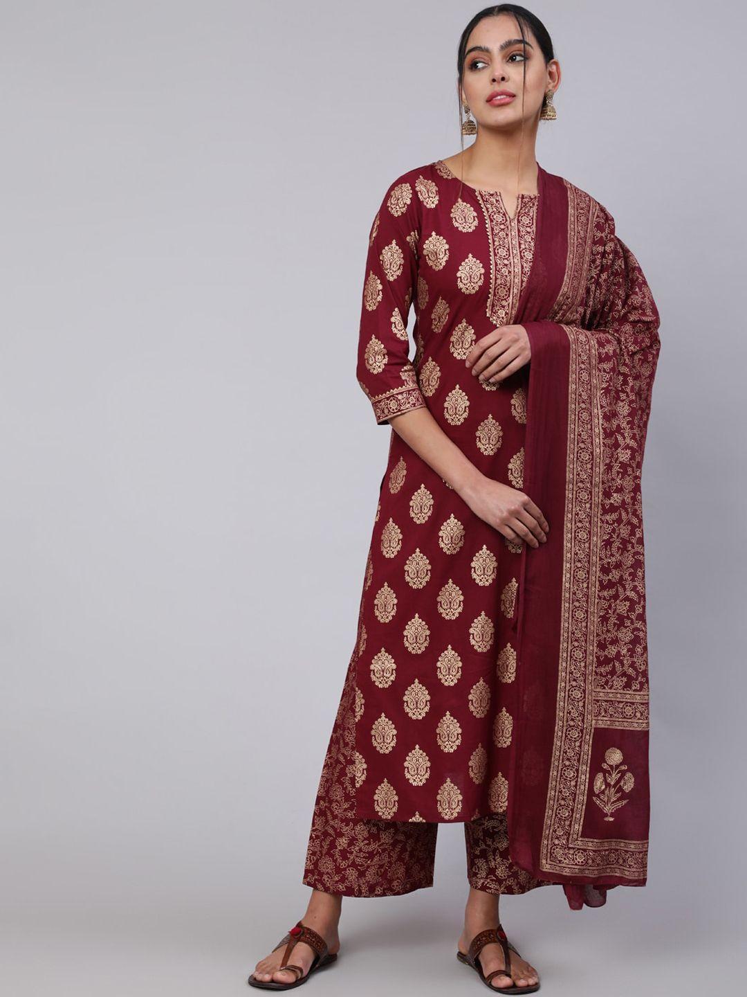 nayo women ethnic motifs printed pure cotton kurta with palazzos & with dupatta