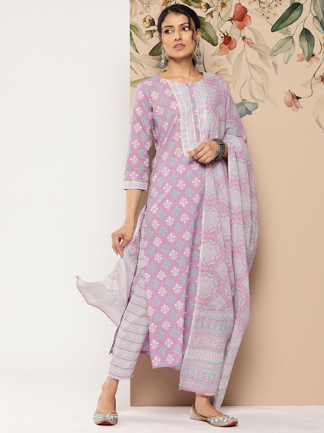 nayo women ethnic motifs printed pure cotton kurta with trousers & dupatta