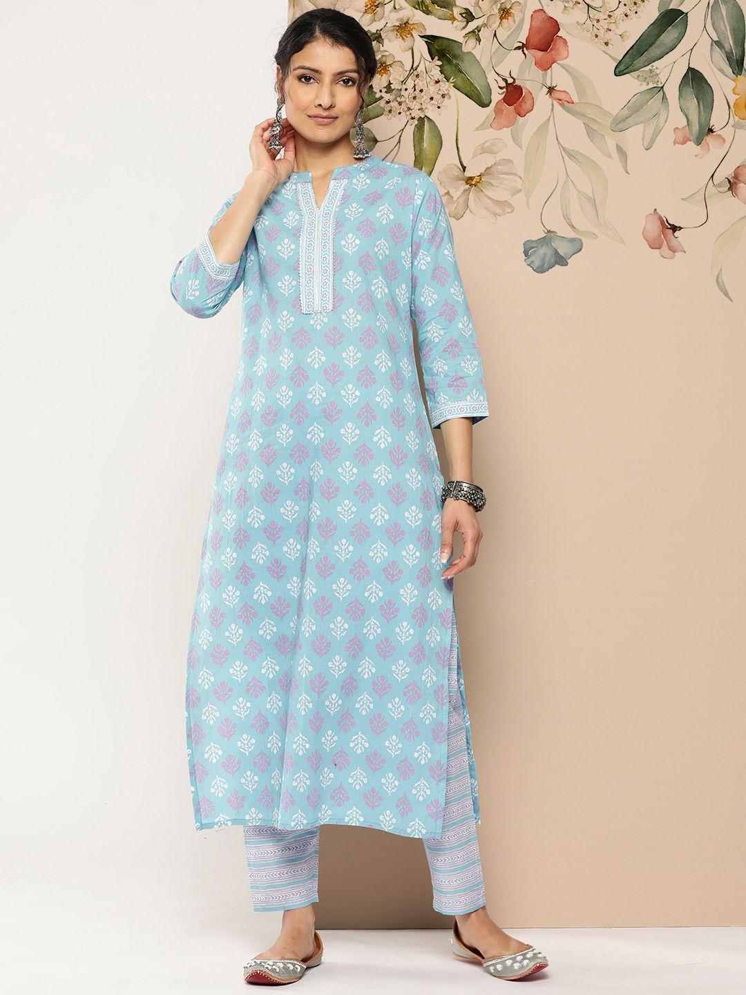 nayo women ethnic motifs printed pure cotton kurta with trousers