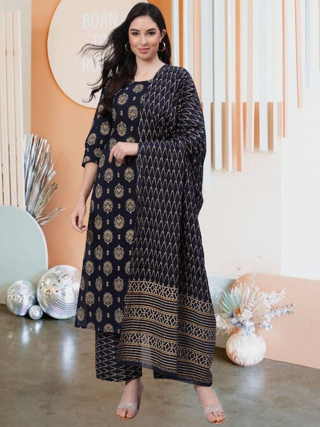 nayo women ethnic motifs printed regular pure cotton kurta with trousers & with dupatta